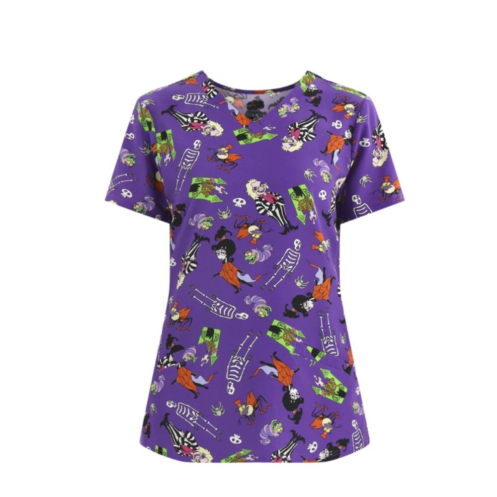 Beetlejuice Women’s Graphic Scrub Top V-Neck Halloween Print